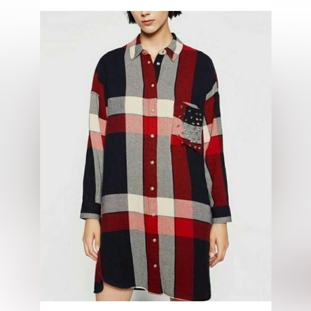 Zara Basic M Plaid‎ Pearl Snap Shirt Dress Classic Casual